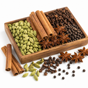 Mixed whole spices including cinnamon, cardamom and star anise