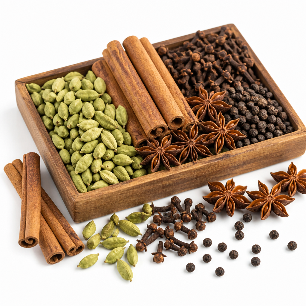 Mixed whole spices including cinnamon, cardamom and star anise
