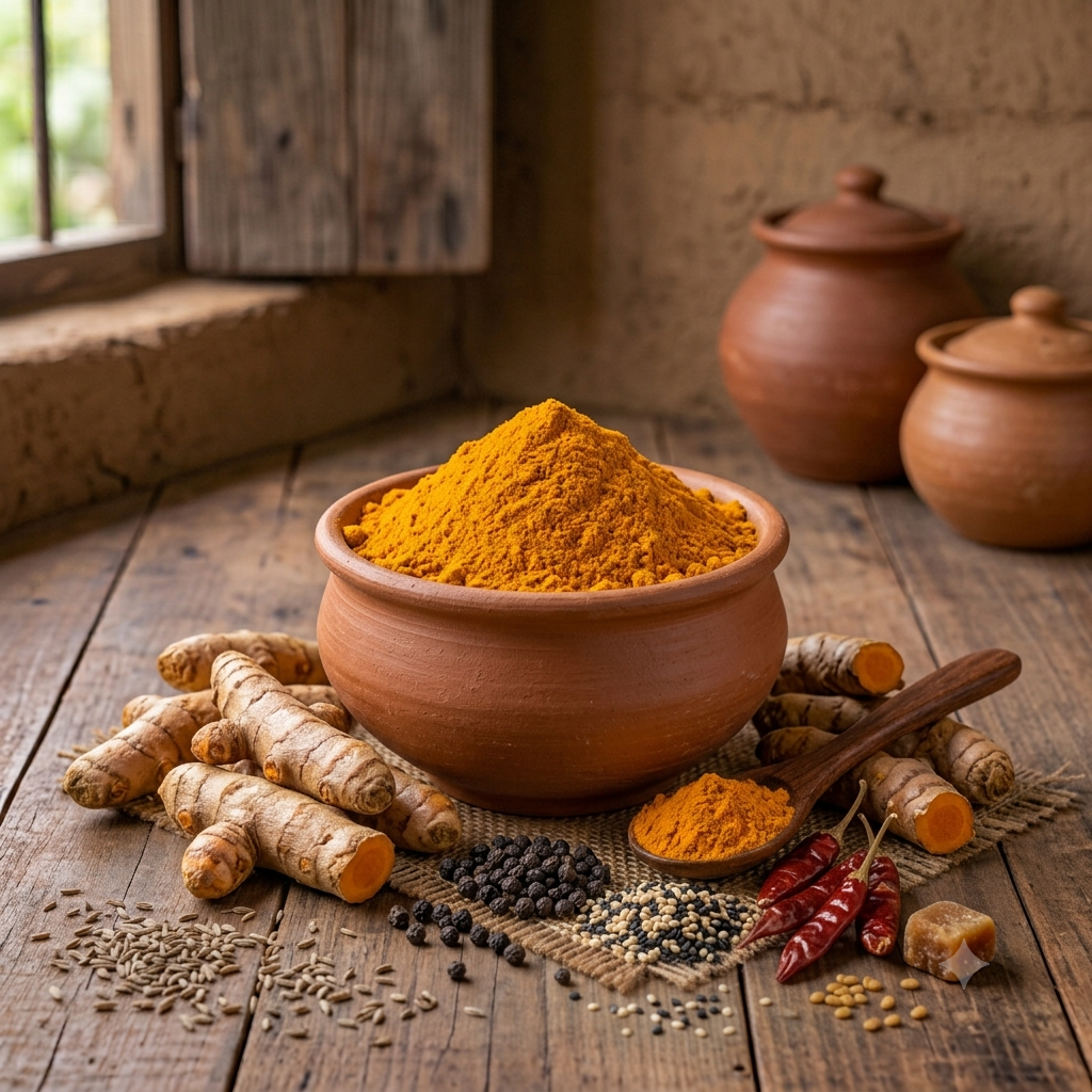 Manjal (whole turmeric) roots and powder