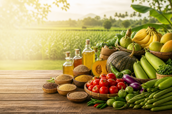 Traditional Tamil Nadu produce — millets, pulses, cold-pressed oils and native vegetables laid on a wooden table before a paddy field