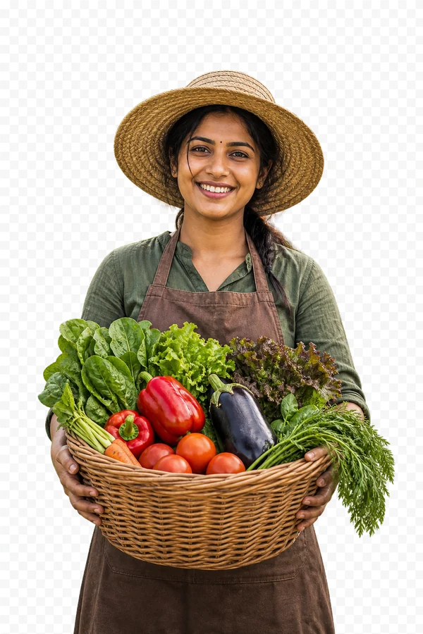A farmer holding a woven basket of freshly harvested vegetables